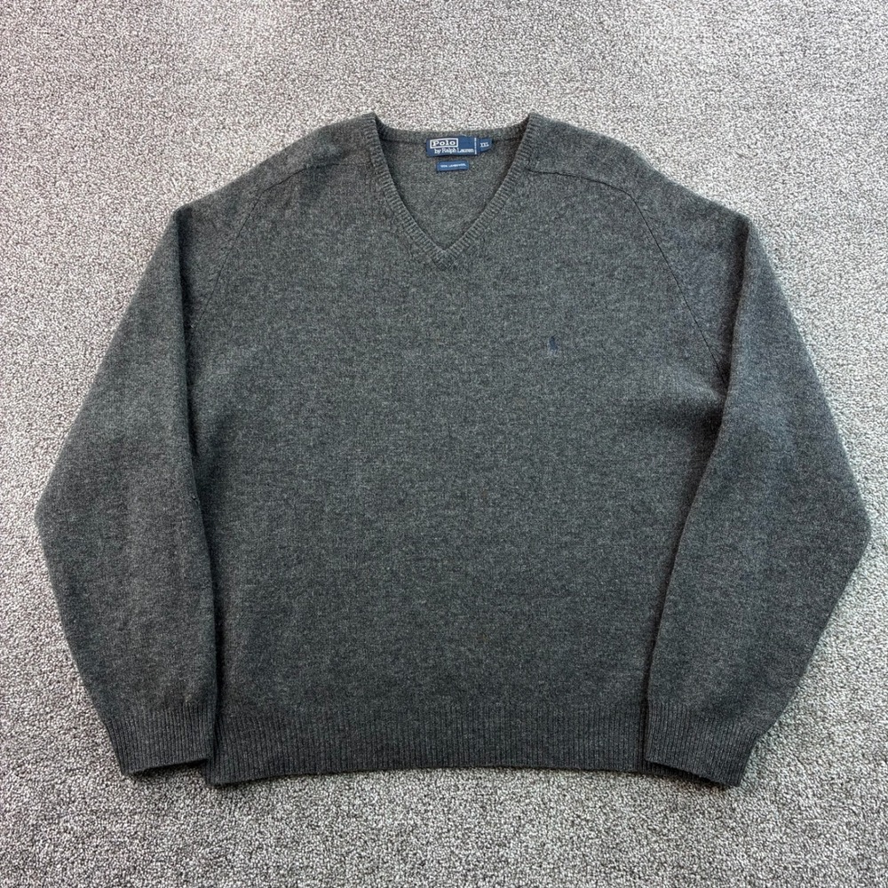 Polo Ralph Lauren Sweater Mens 2XL Gray Lambswool V-Neck Pullover Knit